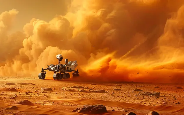 Langflex-Leiterplatten kommen unter anderem in der Raumfahrt zum Einsatz. Symbolbild: Marsrover auf dem Mars in Staubwolke