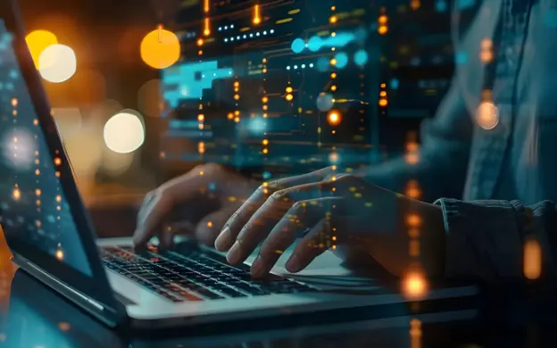 Kontakt-Symbolbild: Hände auf einer Laptop-Tastatur, futuristisch dunkel mit Leuchtpunkten