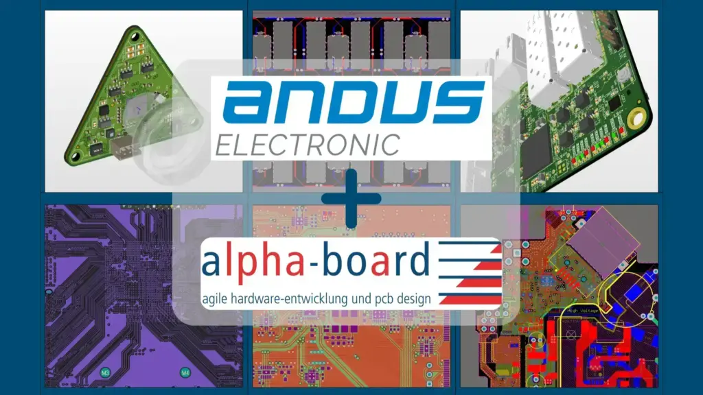 Eine Kollaboration von ANDUS ELECTRONIC und alpha-board mit Layout-Bildern im Hintergrund