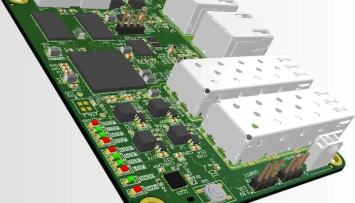 ein fertig-bearbeitetes Layout von einer Leiterplatte in einem 3D-Modell